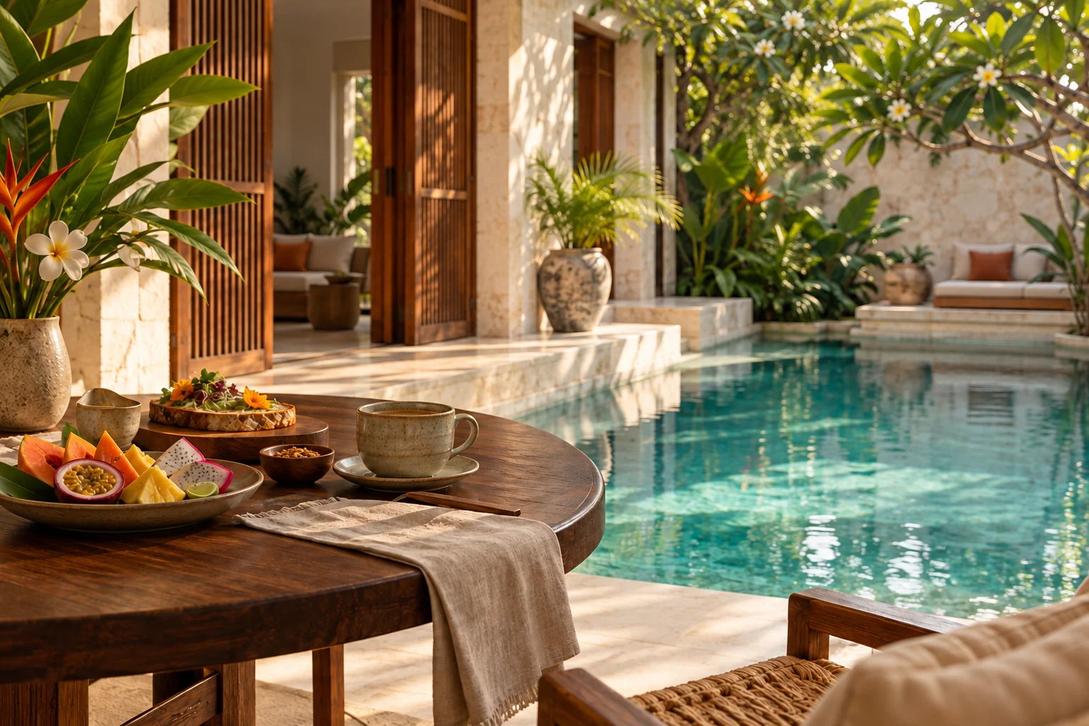 Breakfast and coffee beside a sunlit tropical courtyard pool