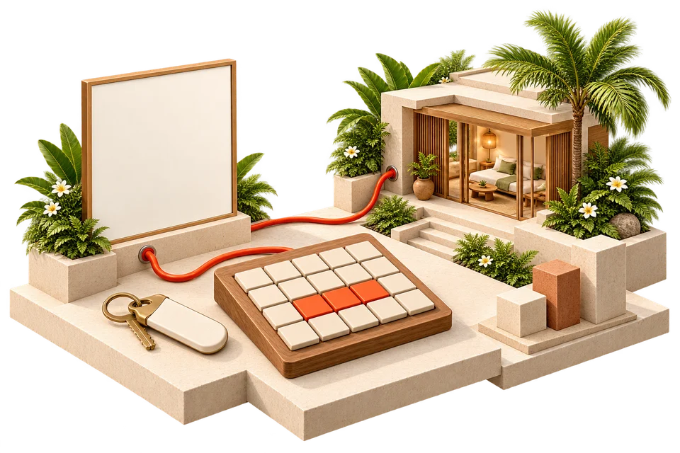 Miniature booking desk with villa, key, calendar tiles and an orange connecting cable