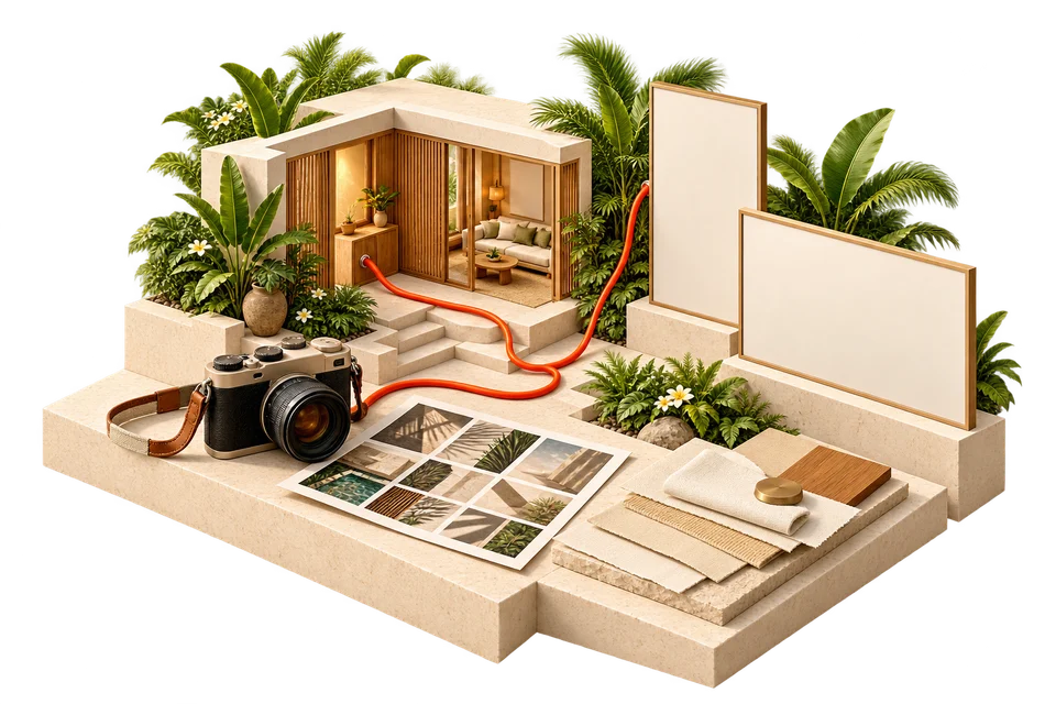 Miniature content atelier with a tropical villa facade, camera, contact sheets, blank display panels and an orange connecting cable