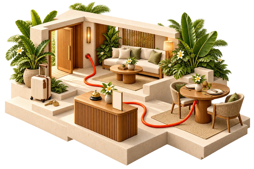 Miniature welcome space with luggage, a living room, concierge desk and dinner setting