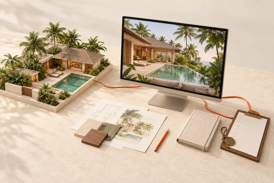 A hospitality workbench: a villa model, digital design, property plans and guest essentials joined by an orange cable